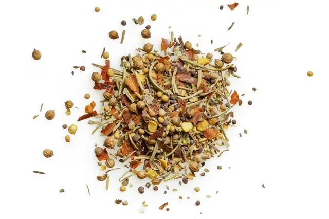 Dried traditional Chinese herbal medicine and spices spread out